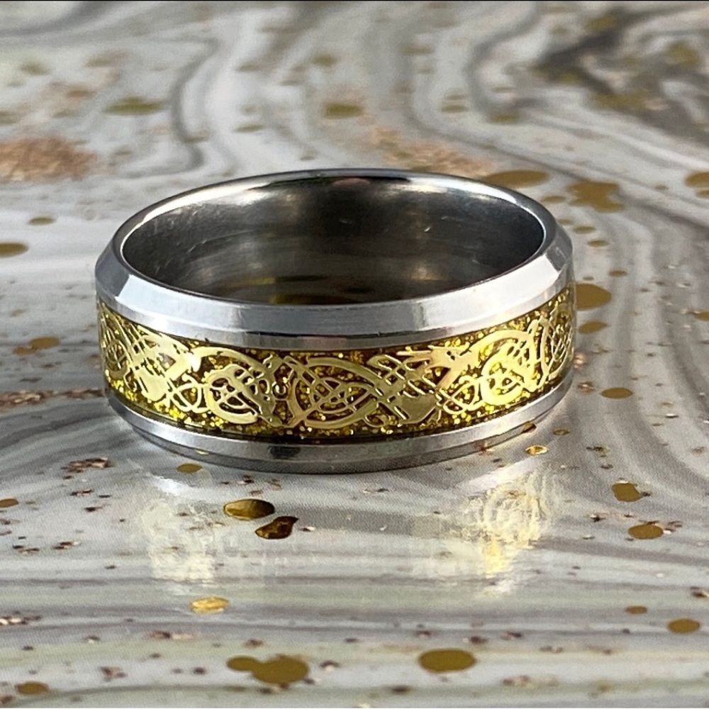 8mm Gold & Silver Celtic Dragon Ring, 316L Stainless Steel Ring, Wedding Band